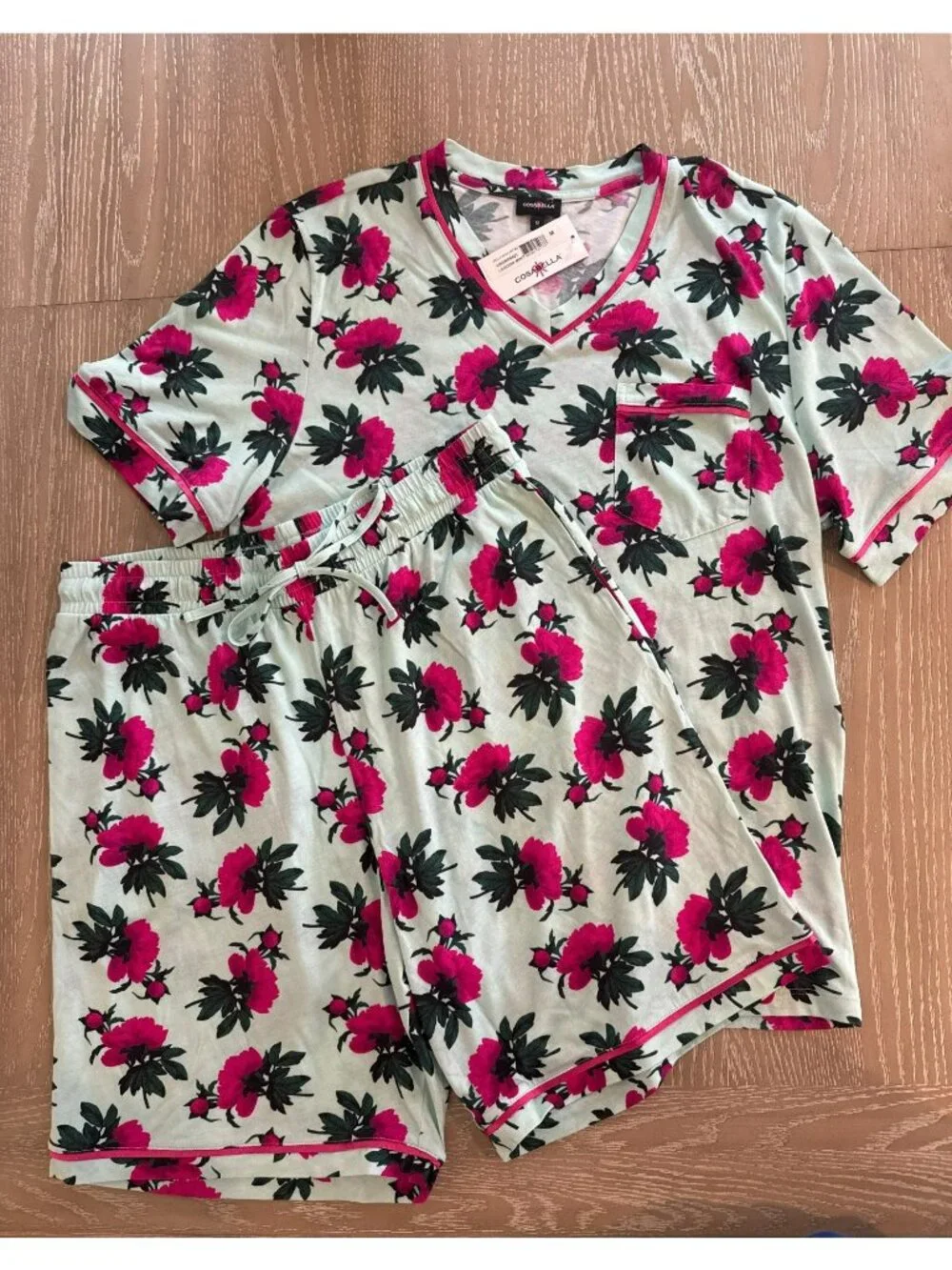 Cosabella Mens Pima Cotton Modal Pajama Set Medium Green Roses V-Neck Shorts NWT